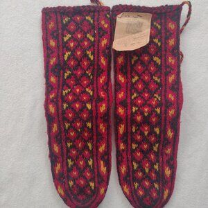 Handknit Slavic Red Black Yellow Patterned Knit Mittens Vtg Deadstock